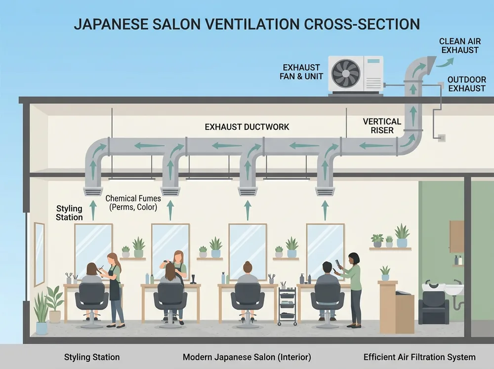 AI生成の解説用イメージ図。美容室のパーマ・カラー薬剤の臭気を排出する換気経路を示す断面図。実在の物件・掲載物件ではありません。