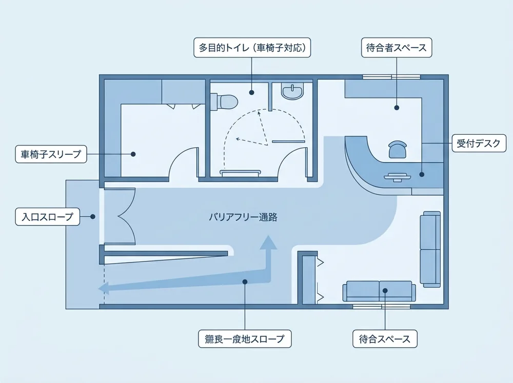 AI生成の解説用イメージ図。クリニックの段差のないバリアフリー患者動線(スロープ・多目的トイレ・受付)を示す平面図。実在の物件・掲載物件ではありません。