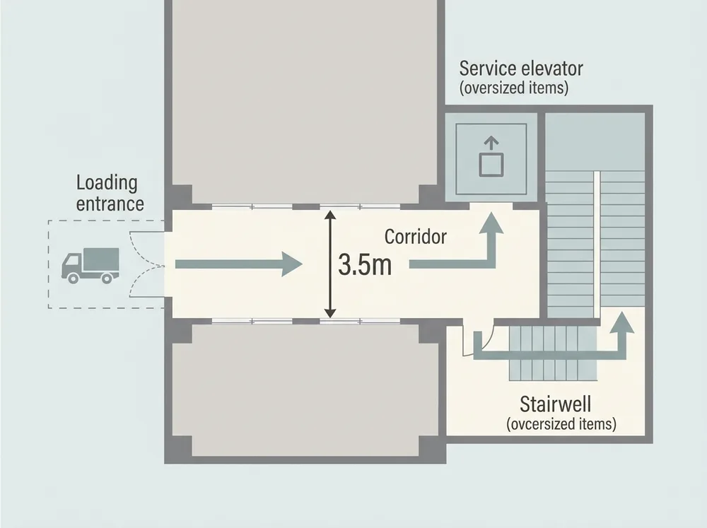 AI生成の解説用イメージ図。ジムの大型マシンの搬入経路（搬入口・廊下幅・エレベーター/階段）を示す平面図。実在の物件・掲載物件ではありません。