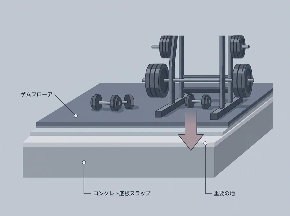 AI生成の解説用イメージ図。ジムのマシン・ラック・ダンベルが床スラブにかける集中荷重を示す断面図。実在の物件・掲載物件ではありません。