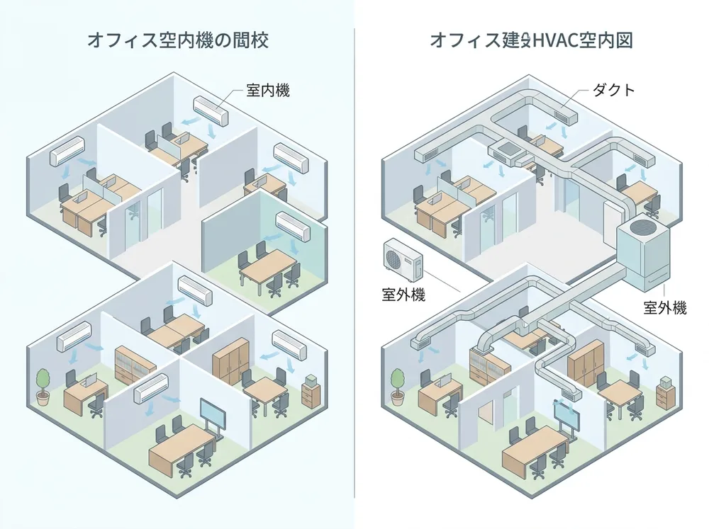 AI生成の解説用イメージ図。オフィスの個別空調とセントラル空調を比較した図解。実在の物件・掲載物件ではありません。