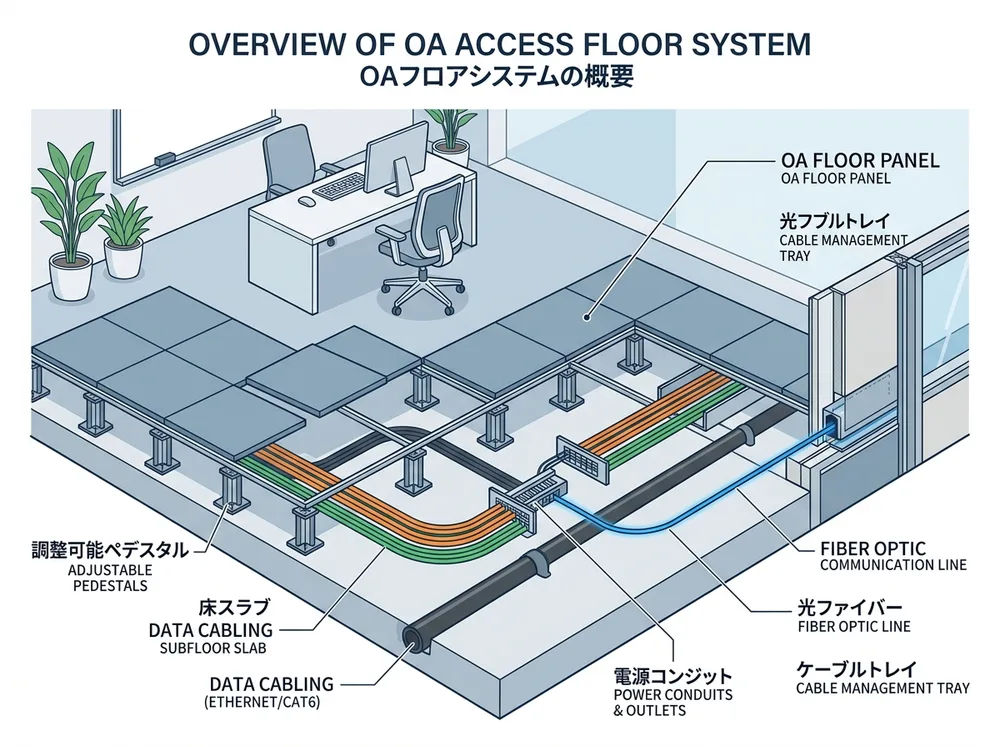 AI生成の解説用イメージ図。オフィスのOAフロア下の配線と光回線の引込を示す断面図。実在の物件・掲載物件ではありません。