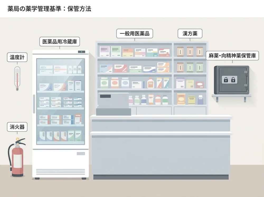 AI生成の解説用イメージ図。調剤薬局の医薬品用冷蔵庫・陳列棚・麻薬向精神薬の施錠保管庫を示す図。実在の物件・掲載物件ではありません。