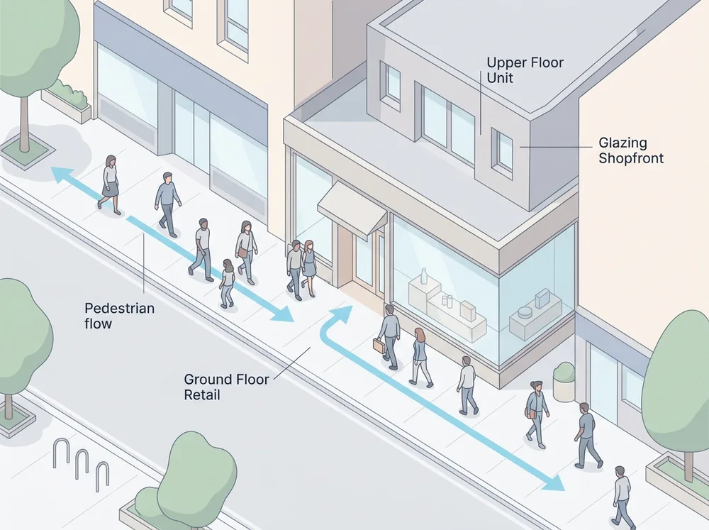 AI生成の解説用イメージ図。物販店の路面の視認性と歩行者の通行動線を上空から示す図。実在の物件・掲載物件ではありません。