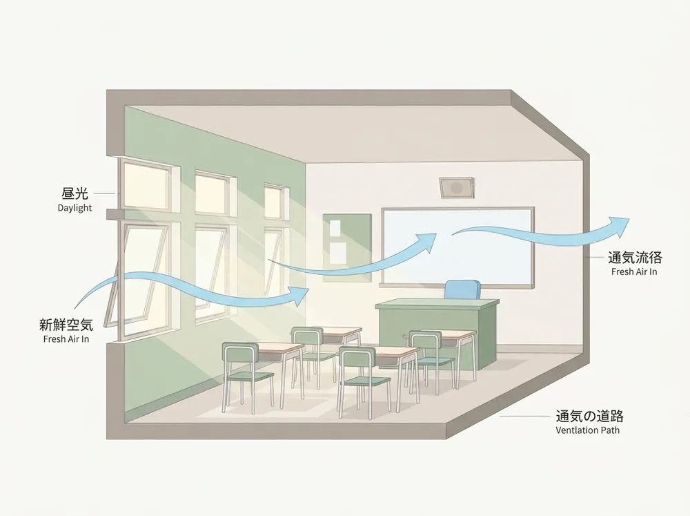 AI生成の解説用イメージ図。学習塾の教室の窓による採光と換気を示す断面図。実在の物件・掲載物件ではありません。