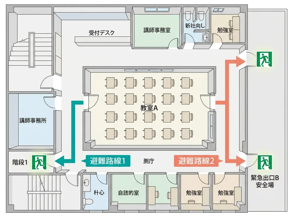 AI生成の解説用イメージ図。学習塾の教室から2方向の階段・出口へ避難する二方向避難経路を示す平面図。実在の物件・掲載物件ではありません。